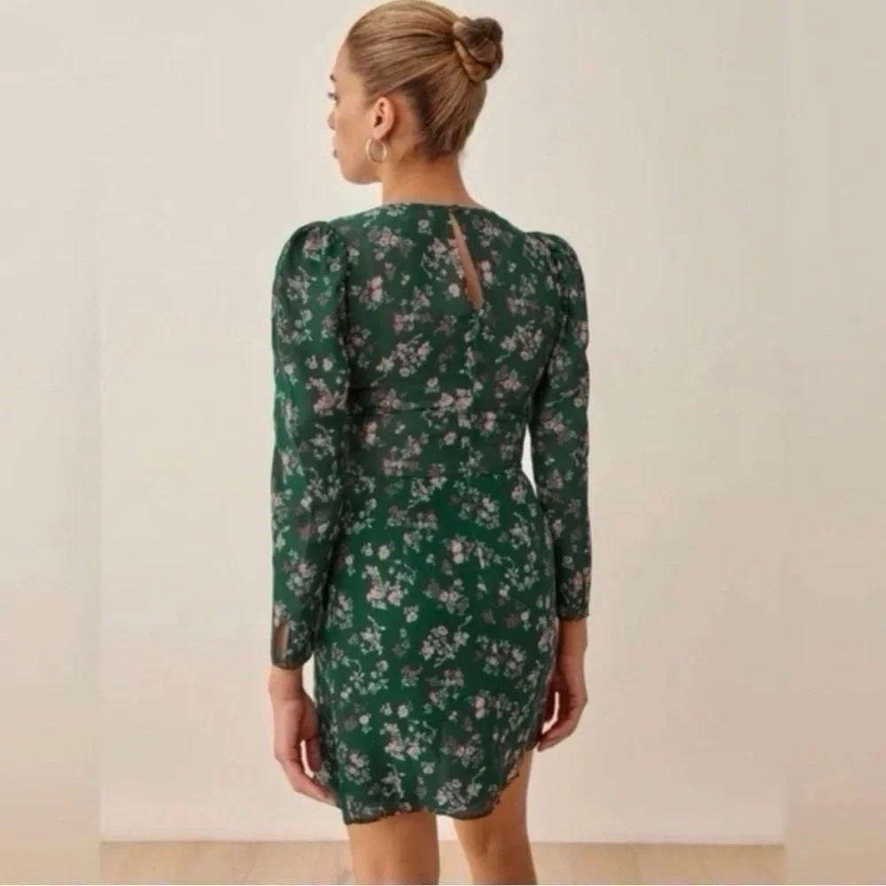 NEW Reformation Juni Floral Puff Sleeve Dress Green - Picture 8 of 15